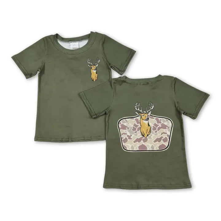 Short Sleeves Olive Camo Deer Kids Boys Shirt