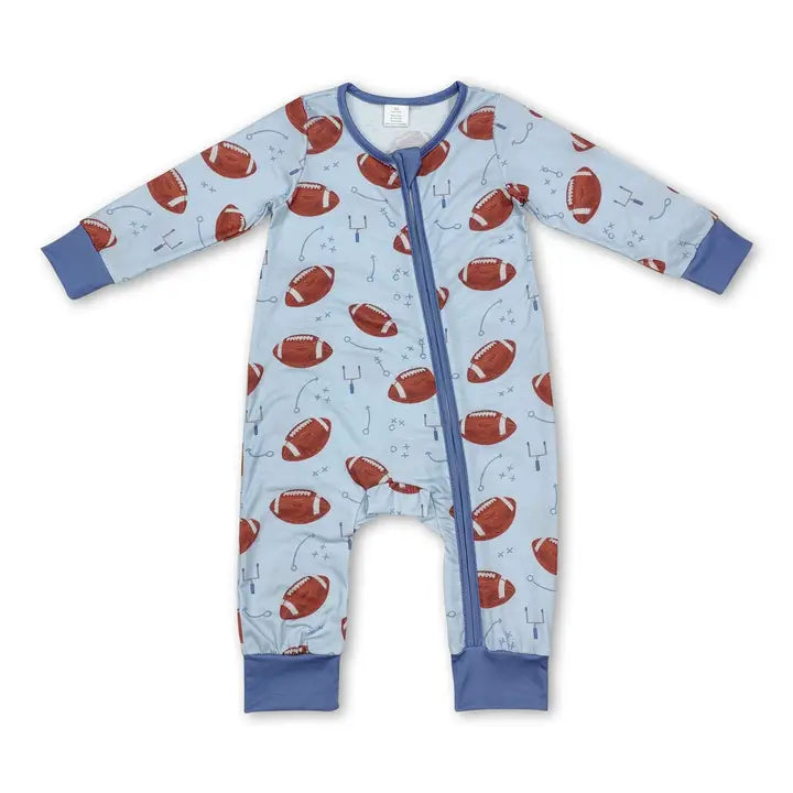 Light Blue Football Long Sleeves Boy Bamboo Zipper Romper