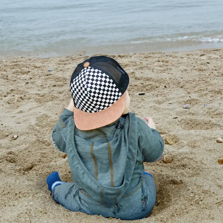 Flat Brim Trucker Hat - Checker/Faux Leather Brim